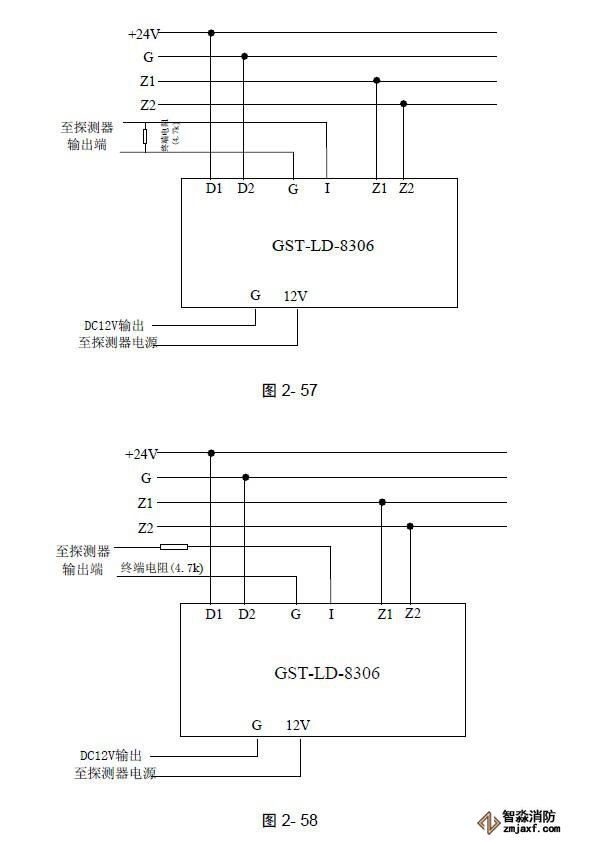 GST-LD-8306輸入模塊與常閉無(wú)源觸點(diǎn)的防盜探測(cè)器接線示意圖